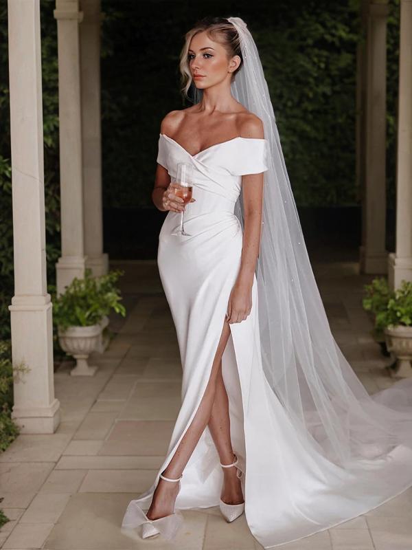 Sheath Off-the-Shoulder Pleated Chapel Train Stretch Crepe Wedding Dress