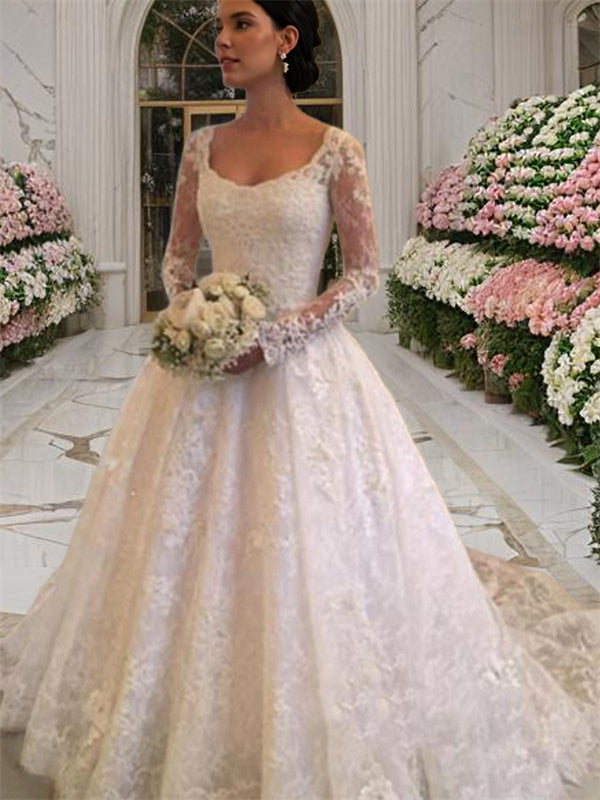 Ball-Gown Scoop Long Sleeves Ruffles Cathedral Train Lace Wedding Dress