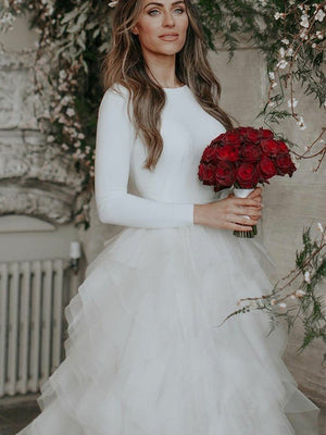 A-line Scoop Long Sleeves Ruffles Sweep Train Tulle Wedding Dress
