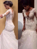 Mermaid V-neck Long Sleeves Lace Floor-Length Tulle Wedding Dress