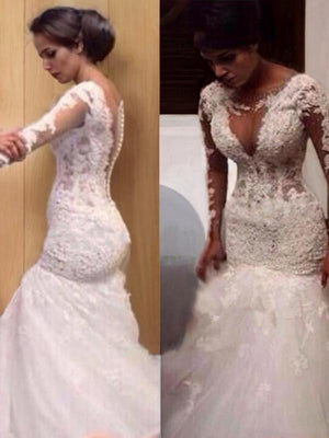 Mermaid V-neck Long Sleeves Lace Floor-Length Tulle Wedding Dress