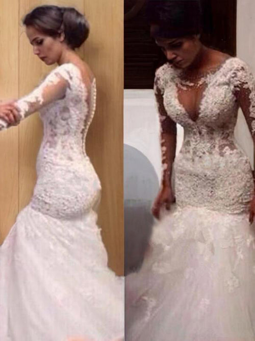 Mermaid V-neck Long Sleeves Lace Floor-Length Tulle Wedding Dress