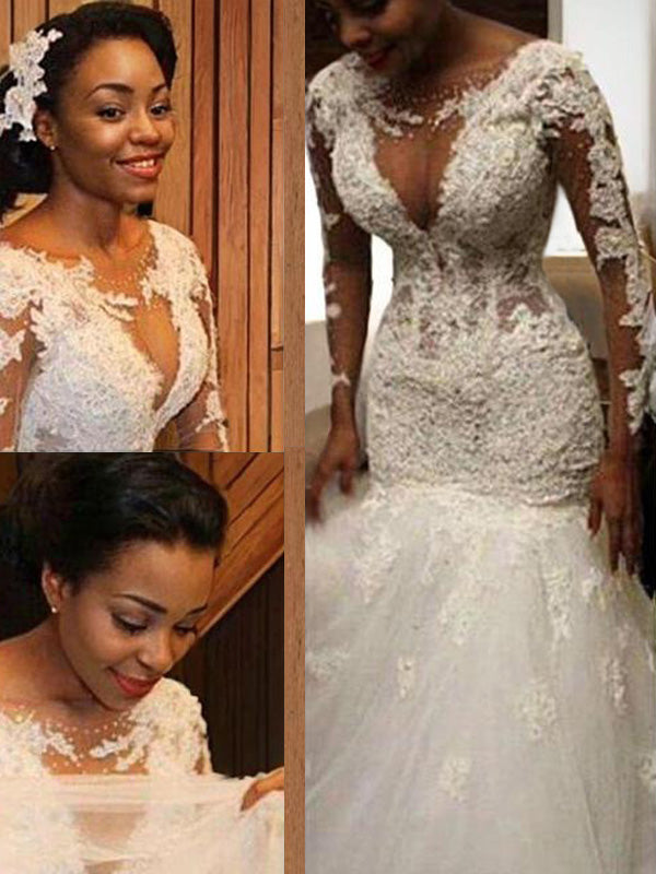 Mermaid V-neck Long Sleeves Lace Floor-Length Tulle Wedding Dress