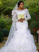 Ball-Gown Scoop Long Sleeves Ruffles Chapel Train Tulle Wedding Dress