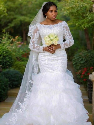 Ball-Gown Scoop Long Sleeves Ruffles Chapel Train Tulle Wedding Dress