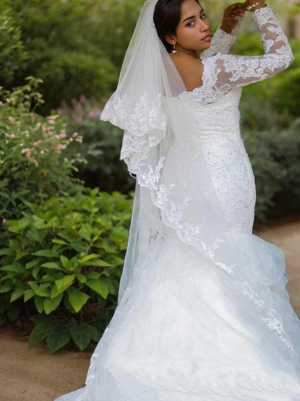Ball-Gown Scoop Long Sleeves Ruffles Chapel Train Tulle Wedding Dress