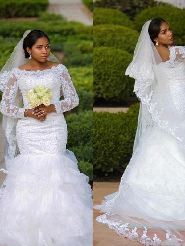 Ball-Gown Scoop Long Sleeves Ruffles Chapel Train Tulle Wedding Dress