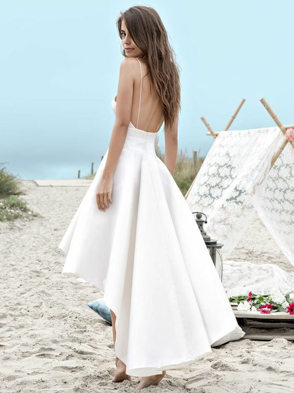 A-line Spaghetti Straps Ruched Asymmetrical Satin Wedding Dress