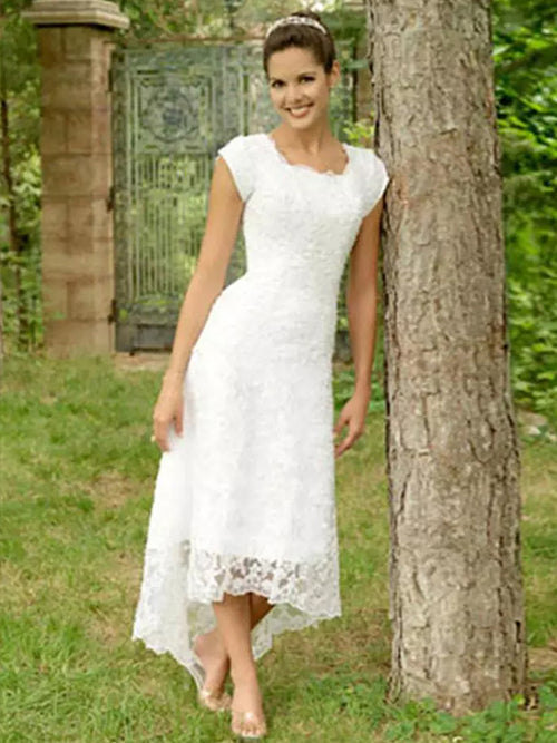 A-line Scoop Short Sleeves Lace Asymmetrical Lace Wedding Dress
