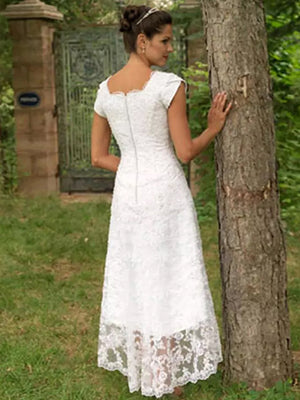 A-line Scoop Short Sleeves Lace Asymmetrical Lace Wedding Dress
