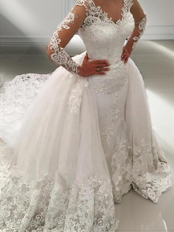 Ball-Gown V-neck Long Sleeves Appliques Lace Cathedral Train Tulle Wedding Dress