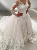 Ball-Gown V-neck Long Sleeves Appliques Lace Cathedral Train Tulle Wedding Dress