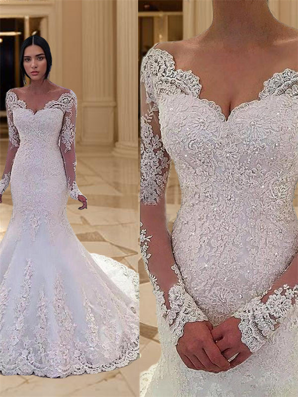 Mermaid V-neck Long Sleeves Lace Court Train Tulle Wedding Dress