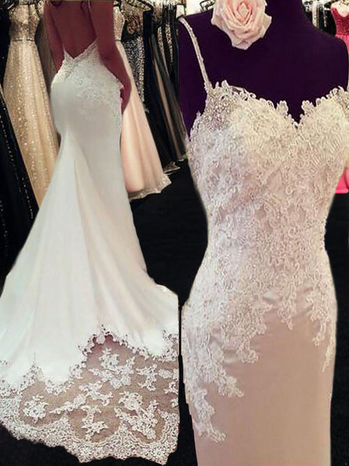 Mermaid Spaghetti Straps Applique Court Train Silk Like Satin Wedding Dress
