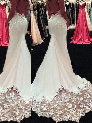 Mermaid Spaghetti Straps Applique Court Train Silk Like Satin Wedding Dress