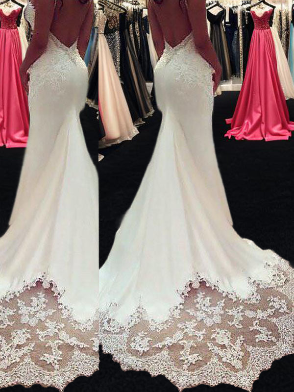 Mermaid Spaghetti Straps Applique Court Train Silk Like Satin Wedding Dress