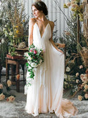 A-line Spaghetti Straps Ruffles Sweep Train Chiffon Wedding Dress