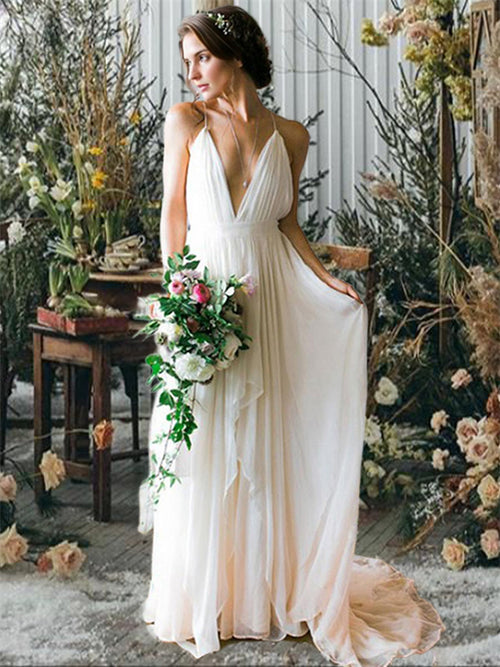 A-line Spaghetti Straps Ruffles Sweep Train Chiffon Wedding Dress