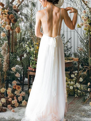 A-line Spaghetti Straps Ruffles Sweep Train Chiffon Wedding Dress