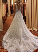 A-line V-neck Applique Sweep Train Tulle Wedding Dress
