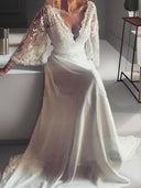 A-line V-neck Long Sleeves Sash/Ribbon/Belt Court Train Lace Wedding Dress