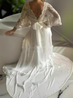 A-line V-neck Long Sleeves Sash/Ribbon/Belt Court Train Lace Wedding Dress
