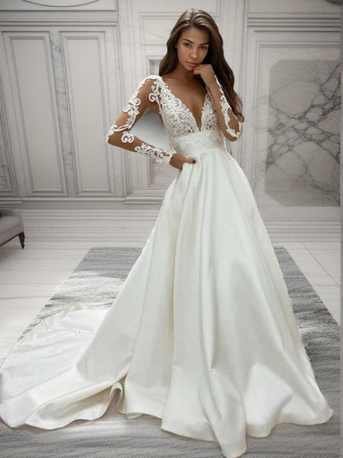 A-line V-neck Long Sleeves Lace Court Train Satin Wedding Dress