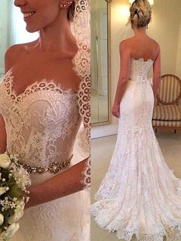 Sheath Sweetheart Beading Sweep Train Lace Wedding Dress