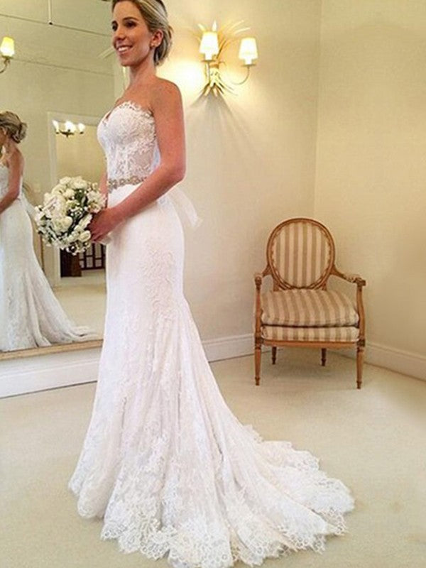 Sheath Sweetheart Beading Sweep Train Lace Wedding Dress