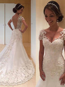 Mermaid Sweetheart Short Sleeves Appliques Lace Court Train Lace Wedding Dress