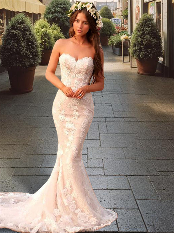 Mermaid Sweetheart Applique Sweep Train Lace Wedding Dress