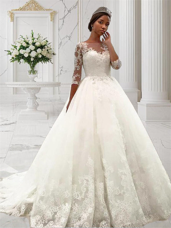 Ball-Gown Bateau 3/4 Sleeves Lace Court Train Tulle Wedding Dress