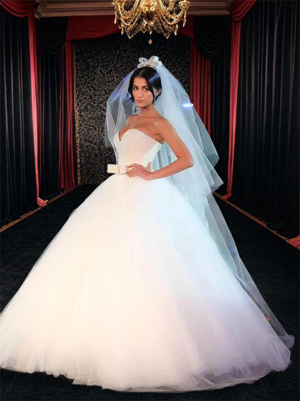 Ball-Gown Sweetheart Bow Floor-Length Tulle Wedding Dress