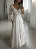 A-line V-neck 3/4 Sleeves Applique Floor-Length Chiffon Wedding Dress