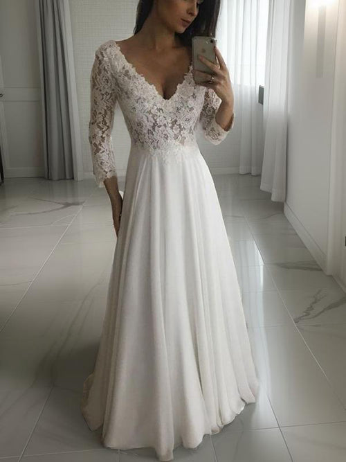 A-line V-neck 3/4 Sleeves Applique Floor-Length Chiffon Wedding Dress