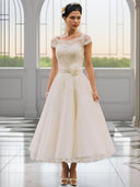 A-line Scoop Short Sleeves Flower Tea-Length Tulle Wedding Dress