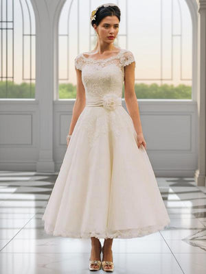 A-line Scoop Short Sleeves Flower Tea-Length Tulle Wedding Dress