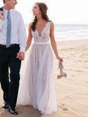 A-line Scoop Lace Sweep Train Tulle Wedding Dress