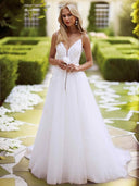 A-line V-neck Appliques Lace Sweep Train Lace Wedding Dress