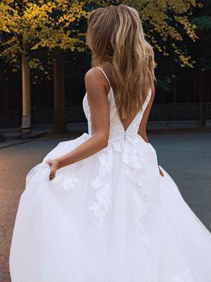 A-line V-neck Appliques Lace Sweep Train Lace Wedding Dress