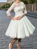 A-line Scoop 3/4 Sleeves Lace Knee-Length Stretch Crepe Wedding Dress