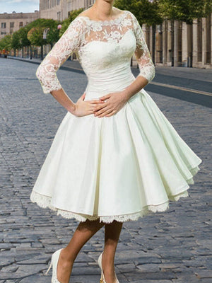 A-line Scoop 3/4 Sleeves Lace Knee-Length Stretch Crepe Wedding Dress
