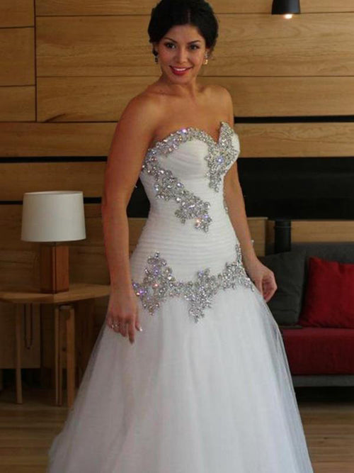A-line Sweetheart Rhinestone Floor-Length Tulle Wedding Dress