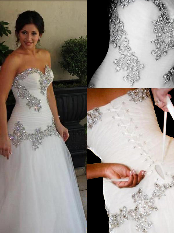 A-line Sweetheart Rhinestone Floor-Length Tulle Wedding Dress
