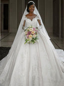 Ball-Gown Bateau Long Sleeves Applique Cathedral Train Satin Wedding Dress