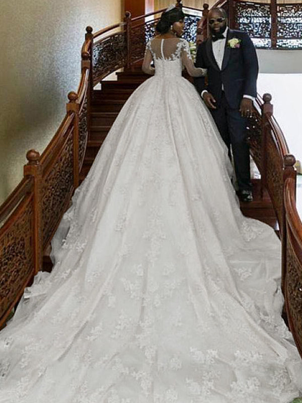 Ball-Gown Bateau Long Sleeves Applique Cathedral Train Satin Wedding Dress