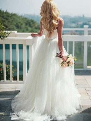 Ball-Gown Sweetheart Lace Sweep Train Tulle Wedding Dress