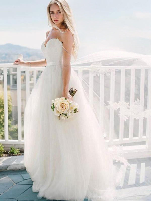 Ball-Gown Sweetheart Lace Sweep Train Tulle Wedding Dress