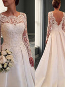 Ball-Gown Scoop Long Sleeves Lace Court Train Satin Wedding Dress