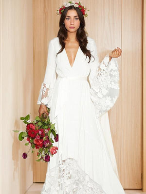 A-line V-neck Long Sleeves Sash/Ribbon/Belt Sweep Train Chiffon Wedding Dress